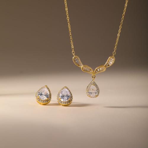 Micro cúbicos Circonia allanar sistemas de la joyería de cobre amarillo, metal, Pendiente de stud & collar, Gota, chapado, 2 piezas & micro arcilla de zirconia cúbica & para mujer, más colores para la opción, Vendido por Set