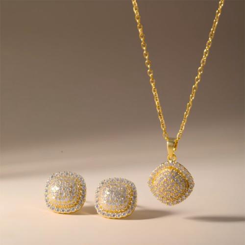 Micro cúbicos Circonia allanar sistemas de la joyería de cobre amarillo, metal, Pendiente de stud & collar, Patrón Geométrico, chapado, 2 piezas & micro arcilla de zirconia cúbica & para mujer, más colores para la opción, Vendido por Set