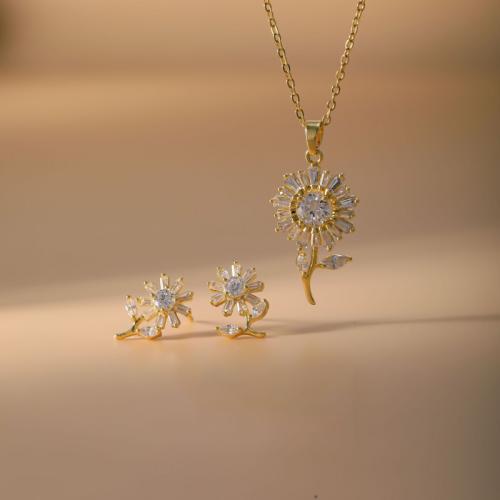 Micro cúbicos Circonia allanar sistemas de la joyería de cobre amarillo, metal, Pendiente de stud & collar, Flor, chapado, 2 piezas & micro arcilla de zirconia cúbica & para mujer, más colores para la opción, Vendido por Set