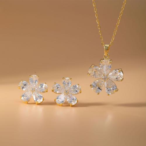 Micro cúbicos Circonia allanar sistemas de la joyería de cobre amarillo, metal, Pendiente de stud & collar, Flor, chapado, 2 piezas & micro arcilla de zirconia cúbica & para mujer, dorado, Vendido por Set