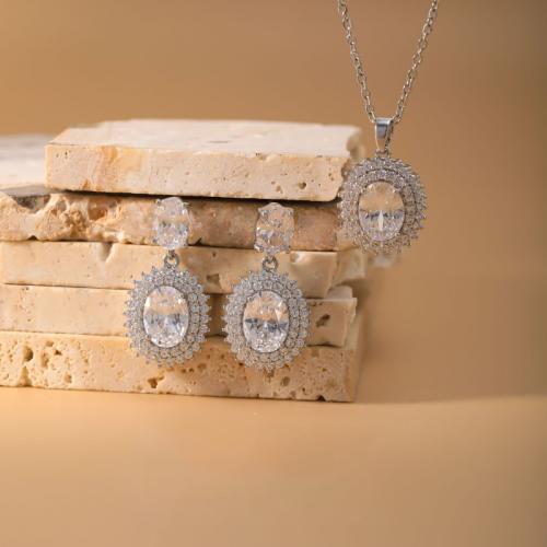 Micro cúbicos Circonia allanar sistemas de la joyería de cobre amarillo, metal, pendiente & collar, Flor, chapado, 2 piezas & micro arcilla de zirconia cúbica & para mujer, plateado, Vendido por Set