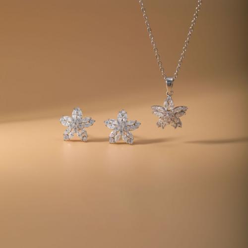Micro cúbicos Circonia allanar sistemas de la joyería de cobre amarillo, metal, Pendiente de stud & collar, Flor, chapado, 2 piezas & micro arcilla de zirconia cúbica & para mujer, plateado, Vendido por Set