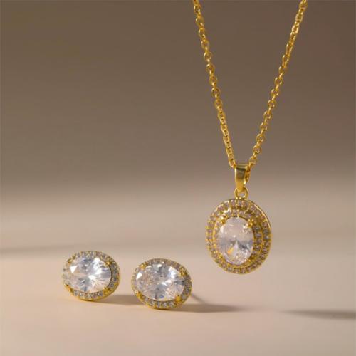 Micro cúbicos Circonia allanar sistemas de la joyería de cobre amarillo, metal, Pendiente de stud & collar, Óvalo, chapado, 2 piezas & micro arcilla de zirconia cúbica & para mujer, más colores para la opción, Vendido por Set