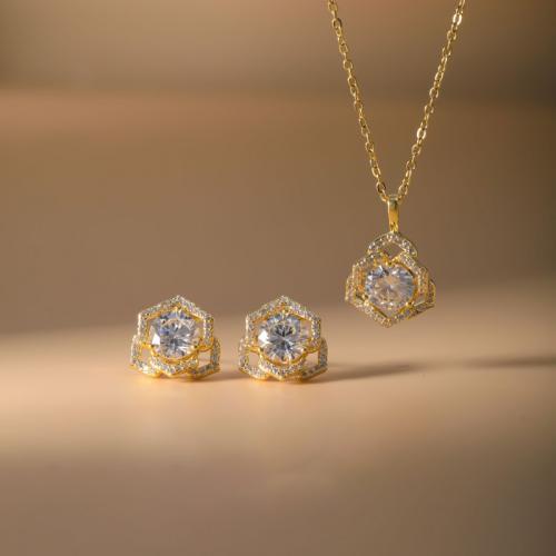 Micro cúbicos Circonia allanar sistemas de la joyería de cobre amarillo, metal, Pendiente de stud & collar, Rosa, chapado, 2 piezas & micro arcilla de zirconia cúbica & para mujer & hueco, más colores para la opción, Vendido por Set