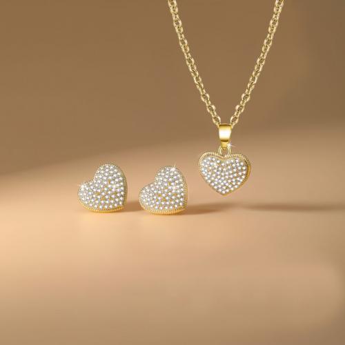 Micro cúbicos Circonia allanar sistemas de la joyería de cobre amarillo, metal, Pendiente de stud & collar, Corazón, chapado, 2 piezas & micro arcilla de zirconia cúbica & para mujer, más colores para la opción, Vendido por UD