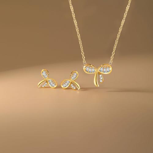 Micro cúbicos Circonia allanar sistemas de la joyería de cobre amarillo, metal, Pendiente de stud & collar, Lazo, chapado, 2 piezas & micro arcilla de zirconia cúbica & para mujer, más colores para la opción, Vendido por Set