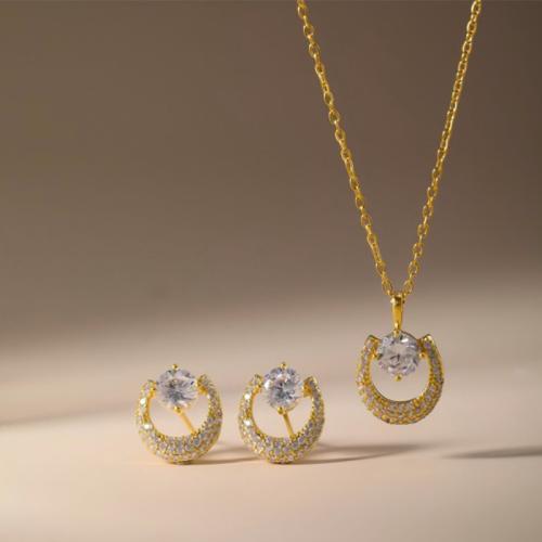 Micro cúbicos Circonia allanar sistemas de la joyería de cobre amarillo, metal, Pendiente de stud & collar, chapado, 2 piezas & micro arcilla de zirconia cúbica & para mujer, más colores para la opción, Vendido por Set