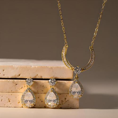 Micro cúbicos Circonia allanar sistemas de la joyería de cobre amarillo, metal, pendiente & collar, Gota, chapado, 2 piezas & micro arcilla de zirconia cúbica & para mujer, más colores para la opción, Vendido por Set
