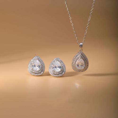 Micro cúbicos Circonia allanar sistemas de la joyería de cobre amarillo, metal, Pendiente de stud & collar, Gota, chapado, 2 piezas & micro arcilla de zirconia cúbica & para mujer, plateado, Vendido por Set