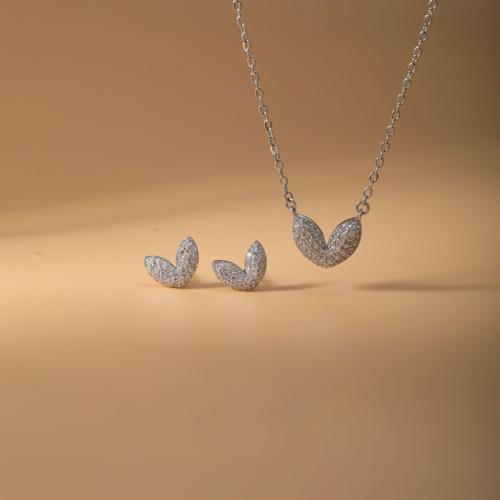 Micro cúbicos Circonia allanar sistemas de la joyería de cobre amarillo, metal, Pendiente de stud & collar, chapado, 2 piezas & micro arcilla de zirconia cúbica & para mujer, plateado, Vendido por Set