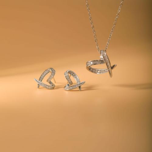 Micro cúbicos Circonia allanar sistemas de la joyería de cobre amarillo, metal, Pendiente de stud & collar, Corazón, chapado, 2 piezas & micro arcilla de zirconia cúbica & para mujer & hueco, plateado, Vendido por Set