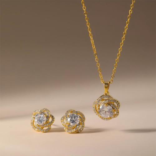 Micro cúbicos Circonia allanar sistemas de la joyería de cobre amarillo, metal, Pendiente de stud & collar, Flor, chapado, micro arcilla de zirconia cúbica & para mujer & hueco, más colores para la opción, Vendido por Set