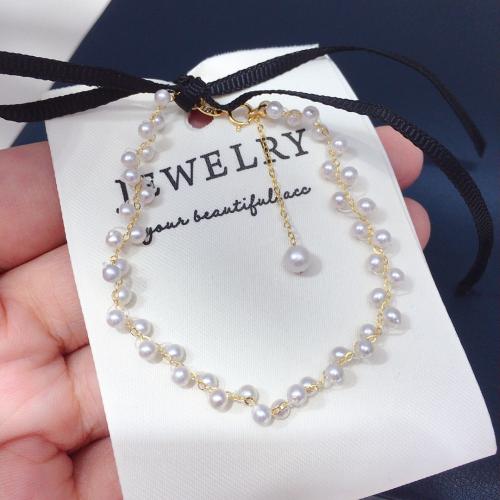 Pearl Sterling Silver Bracelets, 925 Sterling Silver, with Freshwater Pearl, Round, gold color plated, fashion jewelry 3-4mm cm 