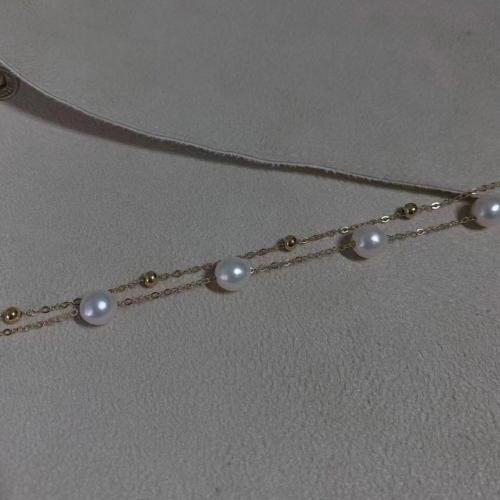 Pearl Sterling Silver Bracelets, 925 Sterling Silver, with Freshwater Pearl, Slightly Round, gold color plated, Double Layer & fashion jewelry, white, 6-7mm 
