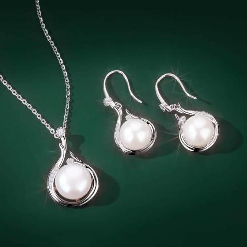 Sterling Silver Freshwater Pearl Jewelry Sets, 925 Sterling Silver, earring & necklace, with Freshwater Pearl, gold color plated, fashion jewelry, white [