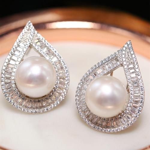 Befestiger Zirkonia Messing Ohrring, mit Kunststoff Perlen, Tropfen, plattiert, Micro pave Zirkonia & für Frau & hohl, verkauft von Paar