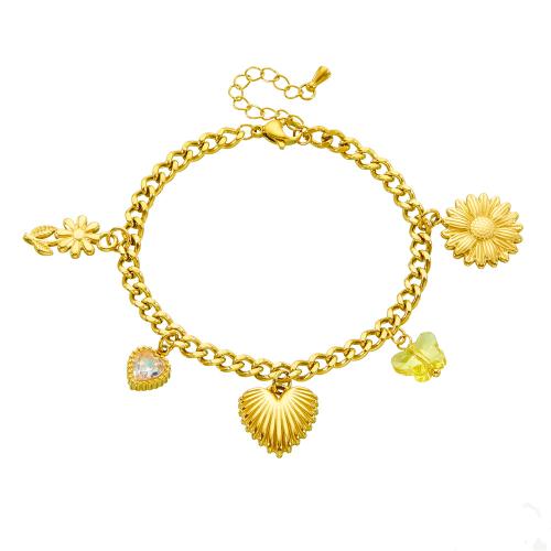 Acero inoxidable Pulsera con dijes, acero inoxidable 304, con Acrílico, chapado en color dorado, Joyería & para mujer & con diamantes de imitación, Vendido por UD
