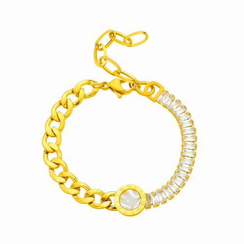 Bracelets en acier inoxydable, Acier inoxydable 304, avec coquille blanche, Placage, bijoux de mode & pour femme & avec strass, doré, Vendu par PC