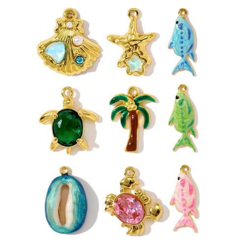 Resin Stainless Steel Pendant, 304 Stainless Steel, with ABS Plastic Pearl & Resin, gold color plated, DIY & micro pave cubic zirconia & enamel & with rhinestone, golden 