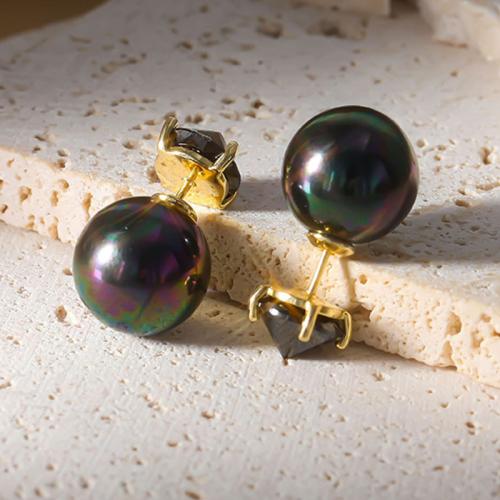 Brass Stud Earring, with Plastic Pearl, gold color plated, for woman & with cubic zirconia 