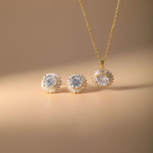metal Conjunto de joya, Pendiente de stud & collar, Esférico, chapado, 2 piezas & micro arcilla de zirconia cúbica & para mujer, más colores para la opción, Vendido por Set