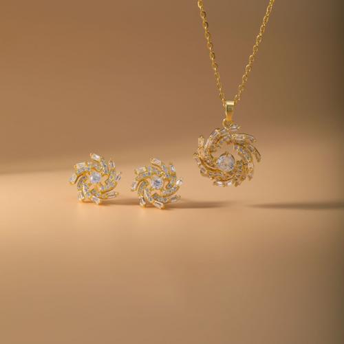 metal Conjunto de joya, Pendiente de stud & collar, chapado, 2 piezas & micro arcilla de zirconia cúbica & para mujer, dorado, Vendido por Set