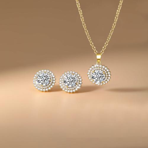 metal Conjunto de joya, Pendiente de stud & collar, Flor, chapado, 2 piezas & micro arcilla de zirconia cúbica & para mujer, más colores para la opción, Vendido por Set