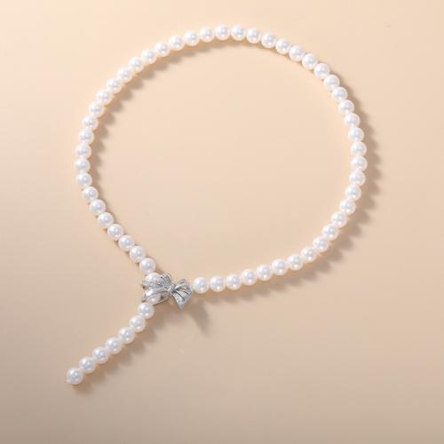 Латунь Ожерелье, с Пластиковая жемчужина, Бантик, Другое покрытие, инкрустированное микро кубического циркония & Женский, pearl size 8mm, длина:Приблизительно 17 дюймовый, продается PC