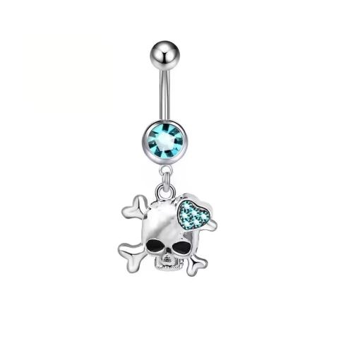 304 Stainless Steel Belly Ring, Skull, Unisex & micro pave cubic zirconia, blue, belly ring rod size 