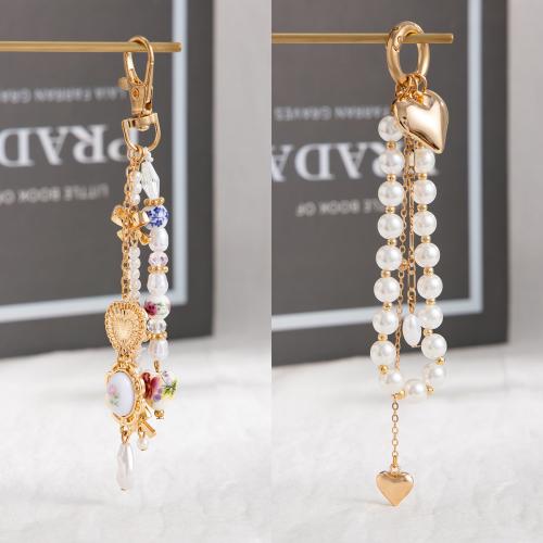 Zinc Alloy Key Chain Jewelry, with ABS Plastic Pearl & Porcelain & Acrylic, gold color plated, fashion jewelry 