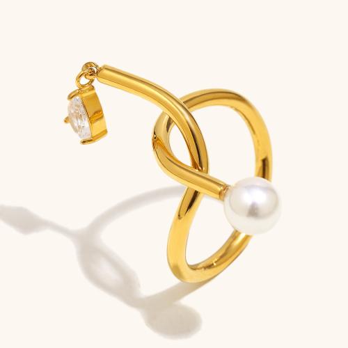 Bague en acier inoxydable Incrusté de zircon, Acier inoxydable 304, avec perle de plastique, Plaqué or 18K, pavé de micro zircon & pour femme & creux, Vendu par PC