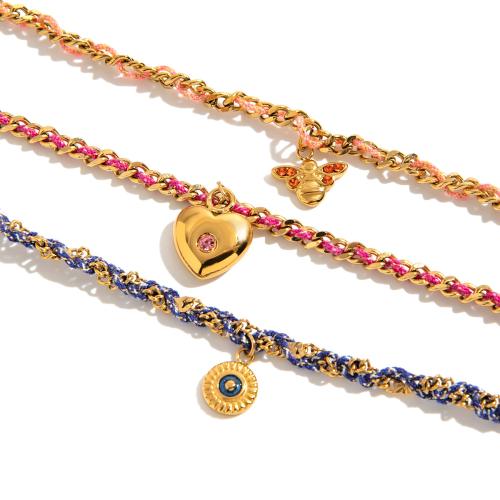 Stainless Steel Charm Bracelet, 304 Stainless Steel, with Polyester Cord, 18K gold plated, handmade & for woman & with rhinestone 