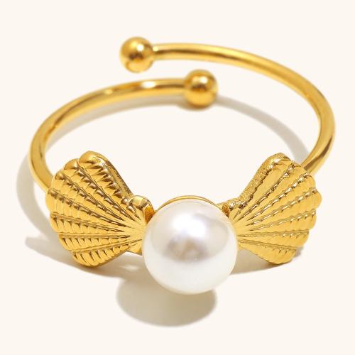 Bague en acier inoxydable, Acier inoxydable 304, avec Shell Pearl, Plaqué or 18K, bijoux de mode & pour femme, Vendu par PC