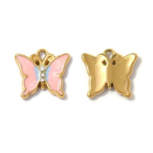 Pendentifs en acier inoxydable émail, Acier inoxydable 304, papillon, Placage de couleur d'or, DIY & pavé de micro zircon, couleurs mélangées Vendu par sac