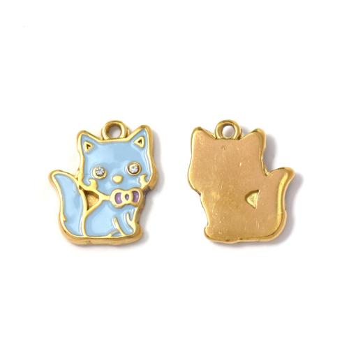 Pendentifs en acier inoxydable émail, Acier inoxydable 304, chat, Placage de couleur d'or, DIY & pavé de micro zircon, couleurs mélangées Vendu par sac