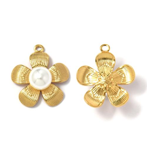 Stainless Steel Flower Pendant, 304 Stainless Steel, with Plastic Pearl, gold color plated, DIY, golden 