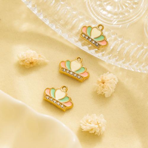 Pendentifs en acier inoxydable émail, Acier inoxydable 304, couronne, Placage de couleur d'or, DIY & avec strass, doré Vendu par sac