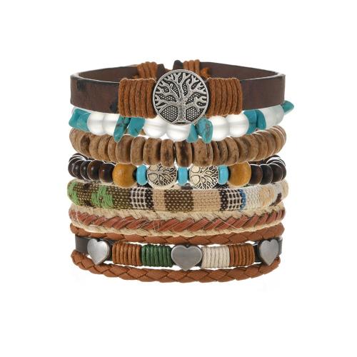 Pulseras de abrigo, aleación de zinc, con turquesa & Cuero de PU & madera, hecho a mano, 7 piezas & Joyería & unisexo, Inner diameter :5.5-6.5cm., Vendido por Set