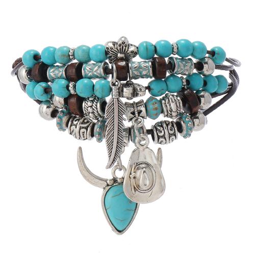Synthetic Turquoise Bracelet, Zinc Alloy, with Wax Cord & Synthetic Turquoise, handmade, multilayer & Unisex [