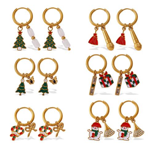 Boucles d'oreilles de Noël, Acier inoxydable 304, Plaqué or 18K, Conception de Noël & styles différents pour le choix & pour femme & émail, Vendu par paire
