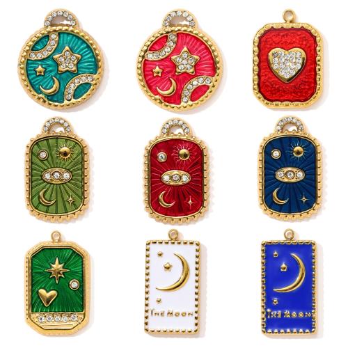 Stainless Steel Hollow Pendant, 304 Stainless Steel, gold color plated, DIY & enamel & with rhinestone 