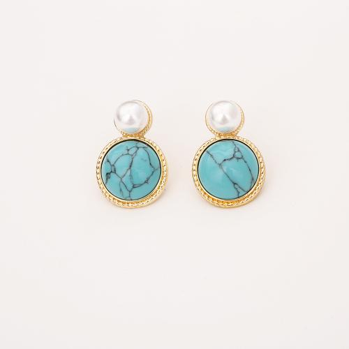Латуни Стад Серьги, Латунь, с Синтетическая бирюза & Пластиковая жемчужина, плакированный настоящим золотом, ювелирные изделия моды & Женский, продается Пара