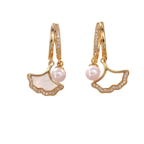 Befestiger Zirkonia Messing Ohrring, mit Perlenoste & Kunststoff Perlen, Ginkgo-Blatt, vergoldet, Modeschmuck & Micro pave Zirkonia & für Frau, verkauft von PC