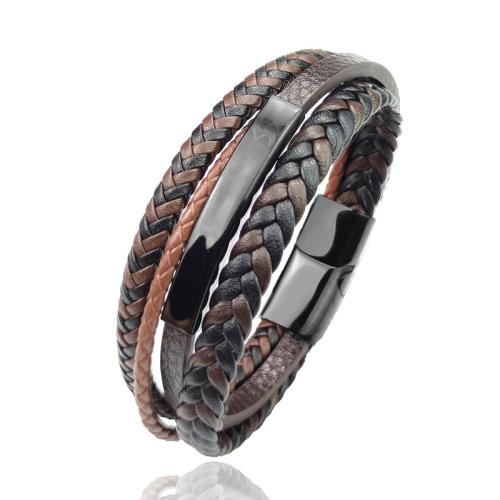 304 Stainless Steel Bracelet, with cowhide cord & PU Leather, plated, multilayer & for man, brown Approx 8.5 Inch [