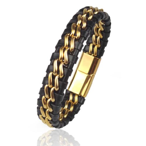 Acier inoxydable 304 bracelet, avec cuir PU, Placage, le style de punk & pour homme, plus de couleurs à choisir Environ 8 pouce, Vendu par PC