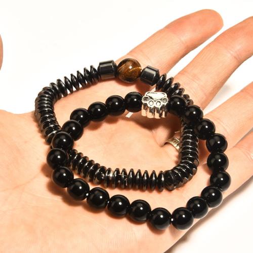 alliage de zinc bracelet, avec Magnésite & oeil de tigre & pierre noire & hématite non magnétique, élastique & styles différents pour le choix & pour homme Environ 7 pouce, Vendu par PC