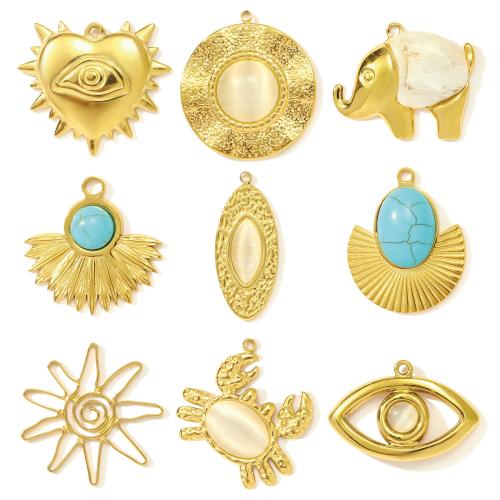 Stainless Steel Pendants, 304 Stainless Steel, with Natural Stone & Cats Eye & Resin, gold color plated, DIY, golden 