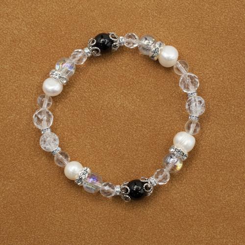 Bracelets en pierres précieuses, quartz clair, avec Schorl & perle de plastique & fer, bijoux de mode & avec strass, couleurs mélangées, 8mm Environ 19 cm, Vendu par PC