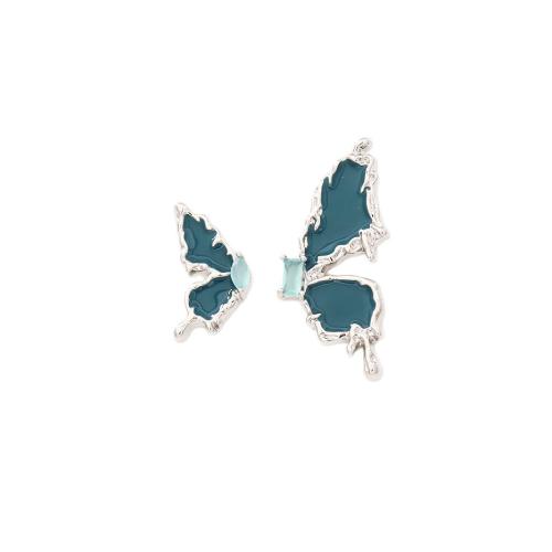 Pendientes asimétricos, metal, con cúbica circonia, Mariposa, chapado, Joyería & para mujer & esmalte, azul, Vendido por Par[