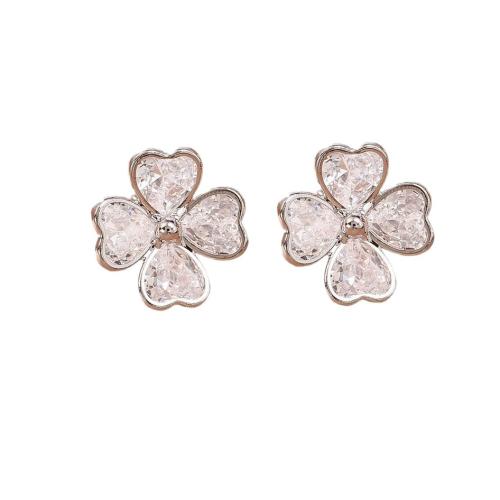 Cubic Zircon Brass Earring, with Cubic Zirconia, Four Leaf Clover, plated, fashion jewelry & for woman, silver color 